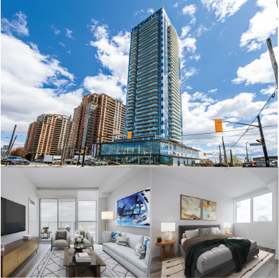 An exterior view of the Station Place apartment building in Etobicoke, Ontario, and an interior view featuring a furnished kitchen, and a furnished bedroom.